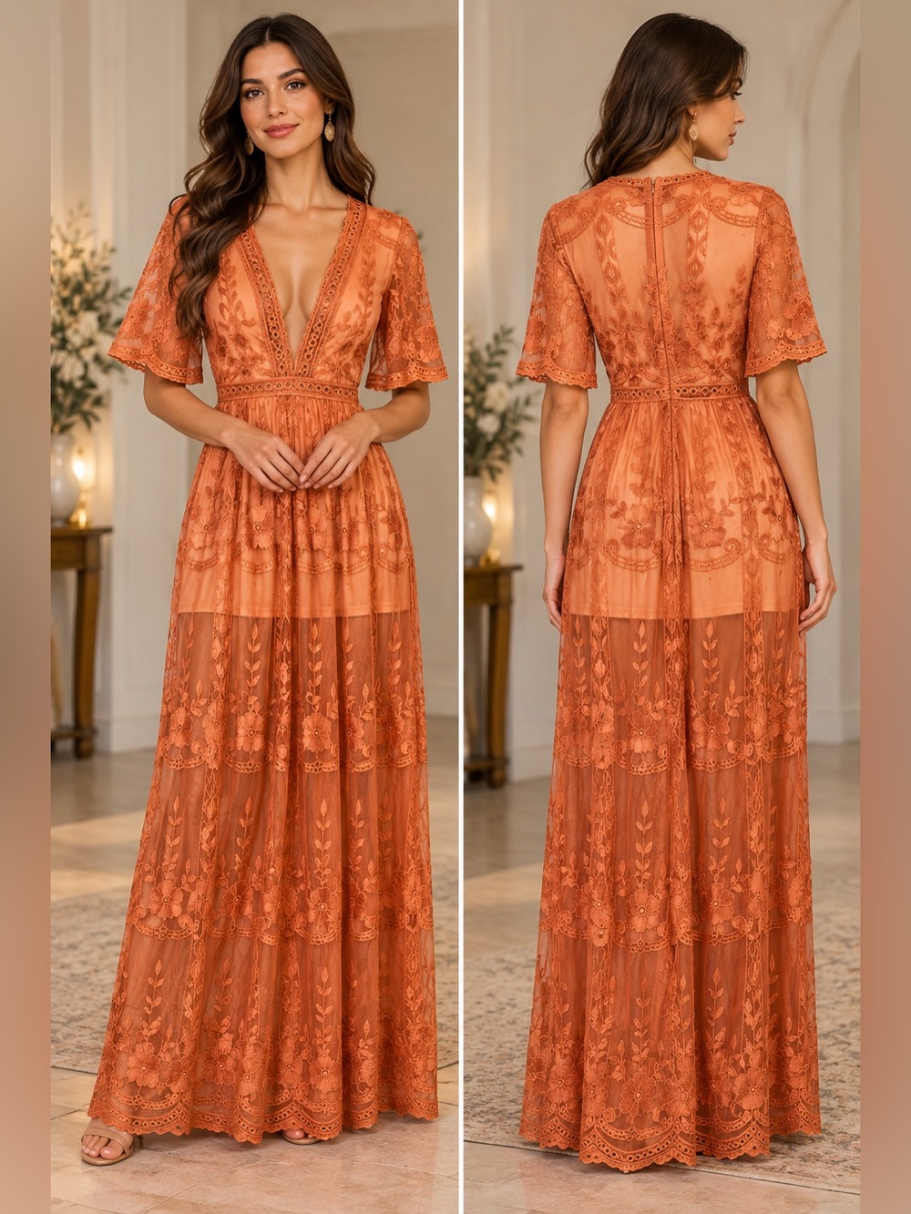 Haute Monde Burnt Orange Lace Maxi Dress Romper Deep V Neck Whimsygoth Size L